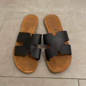 Black Faux Leather Slip On Sandals, Size 7, Black